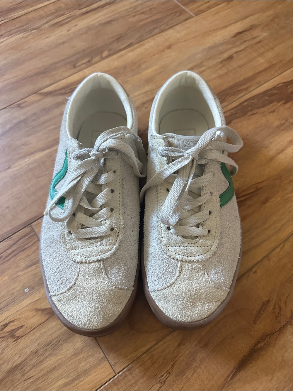 Vans Cream Suede Sneakers with Green Side Stripe